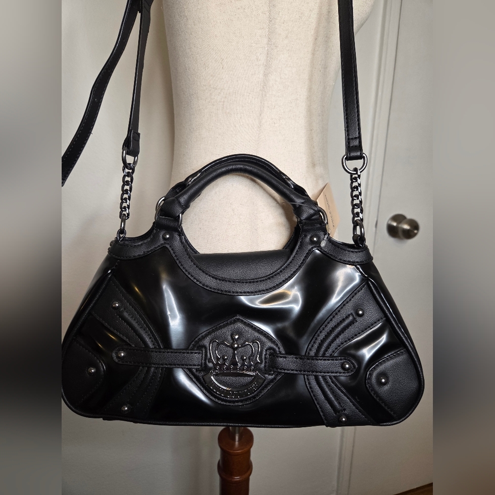 Juicy Couture Black Patent Shoulder Bag with Crown Crest Accent